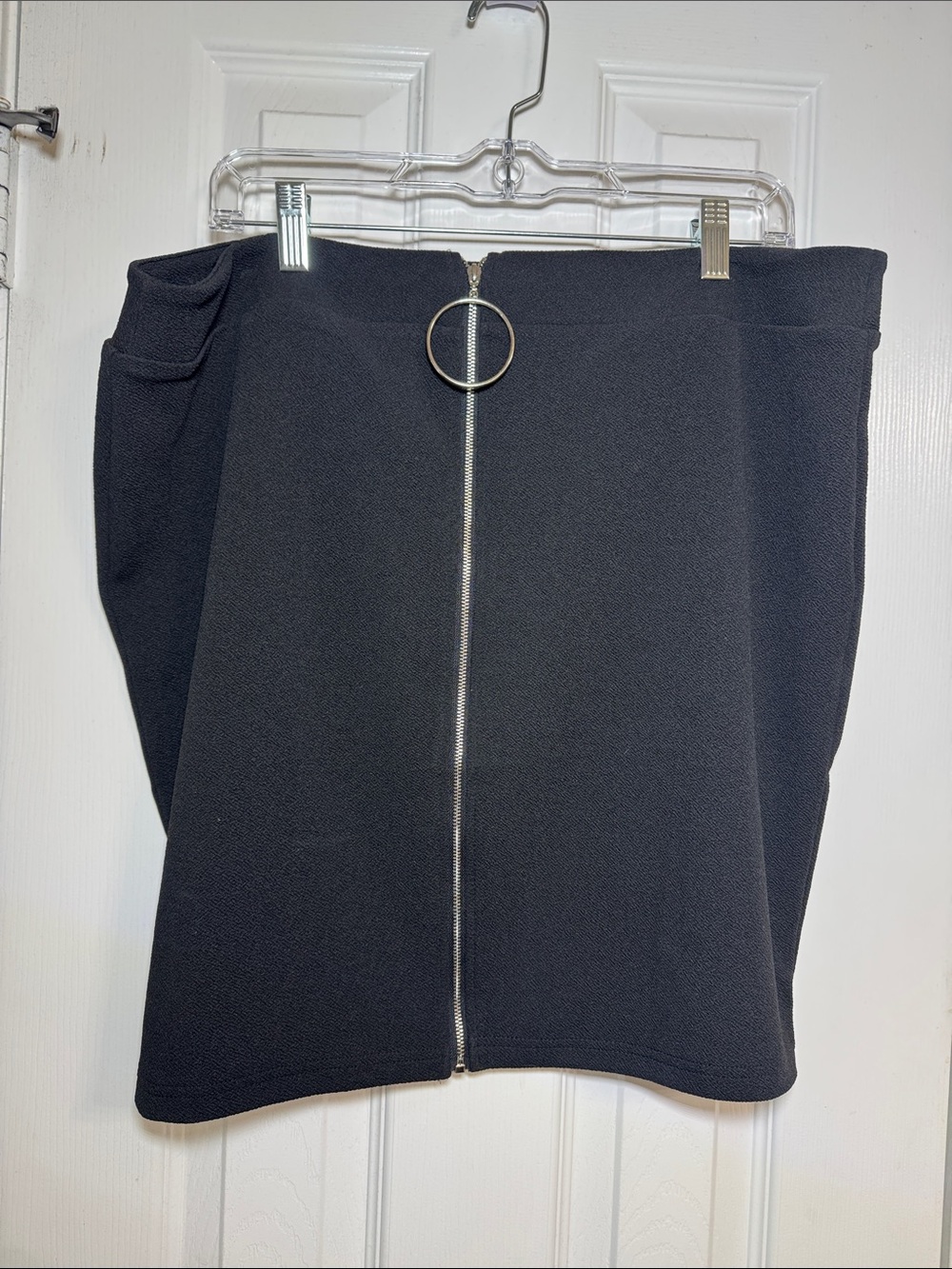 Black Front-Zip Mini Skirt with Ring Pull